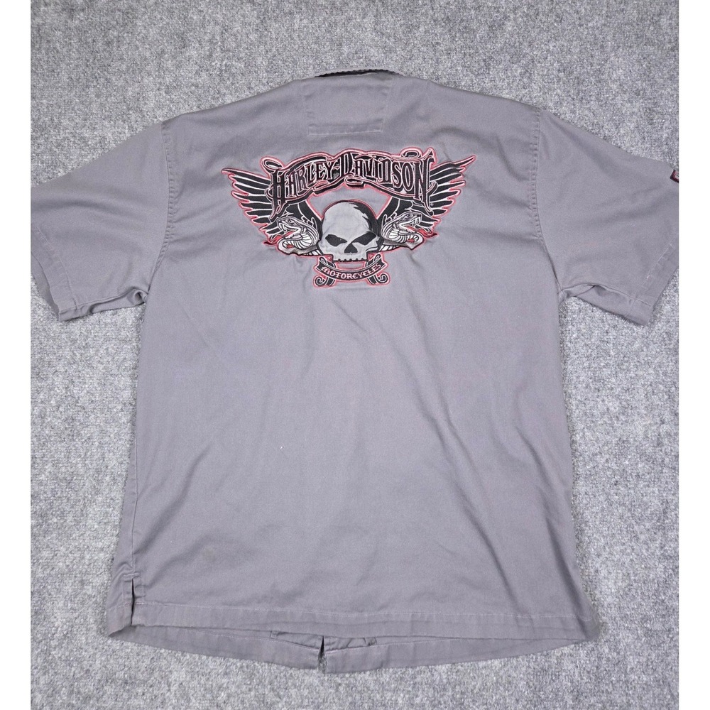 Harley-Davidson Button Up Shirt Mens Large Gray Skull Cobra V-Twin Power‎ Work